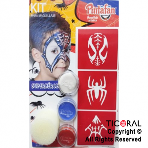 KIT PARA MAQUILLAJE MIX SUPERHEROE FUTBOL 2 COLORES+STRASS+PINCEL+STENCIL AUTOADHESIVO 650-05 x 1